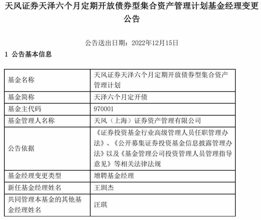 天泽六个月定开债增聘基金经理王圳杰(2026/04/23) 天泽六个月定开债增聘基金经理王圳杰(2026/04/23)